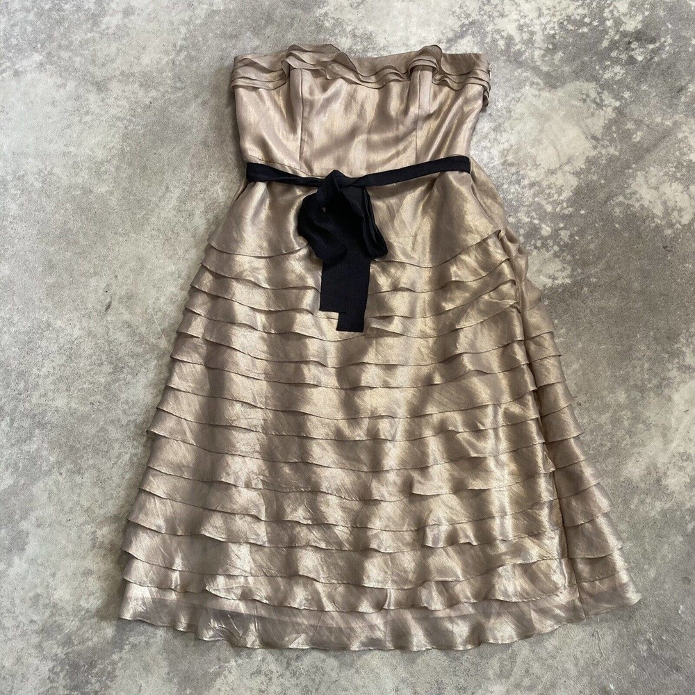 Monsoon Dress Womens 12 Silk Strapless Layered Cocktail Evening Gold Metallic